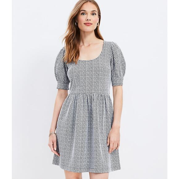 LOFT Dresses & Skirts - Loft Gingham Dress Petites Textured Mini NWT MP Black White Puff Sleeve Preppy